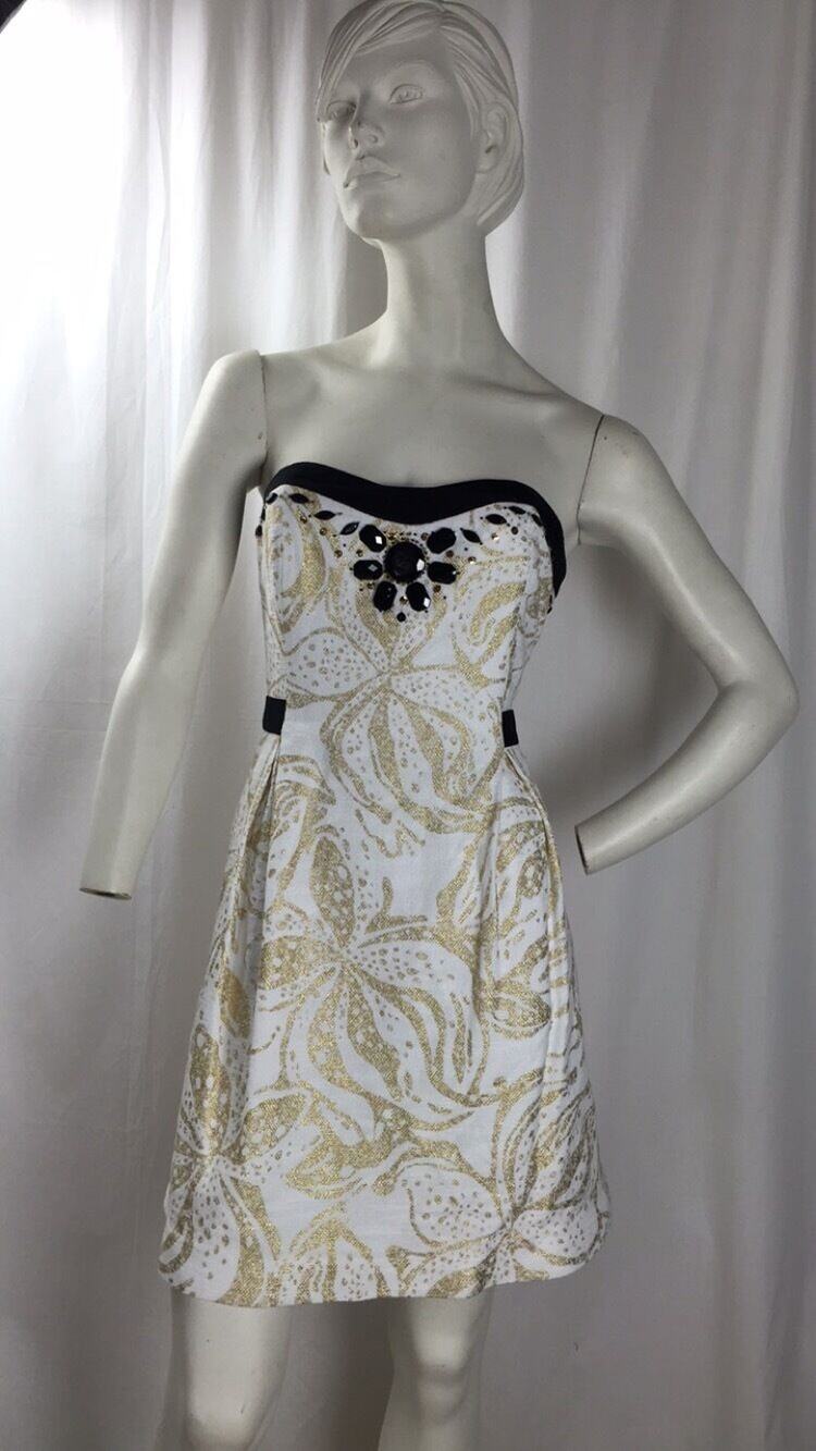 Lilly Pulitzer Women Strapless Gold White and Black Dress size 10